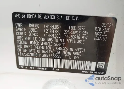 2021 Honda Hr-V Awd Sport из США, поврежденный, VIN 3CZRU6H13MM755555